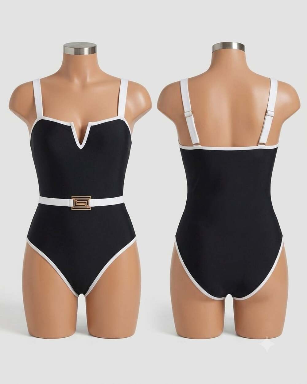 Black and White Contrast Trim One-Piece Swimsuit with Gold-Tone Buckle Belt Size